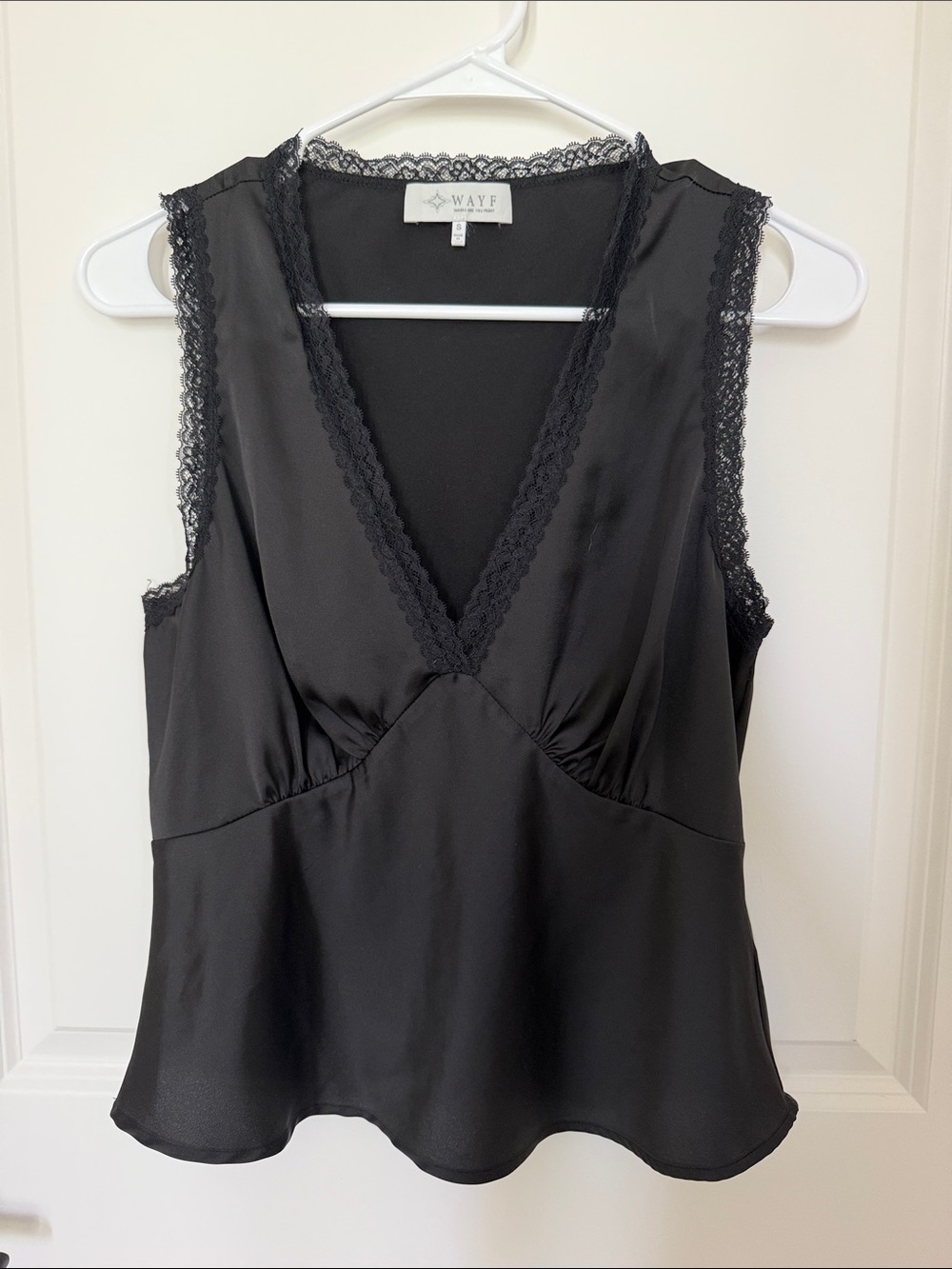 Wayf Black Satin V-Neck Lace Trim Tank